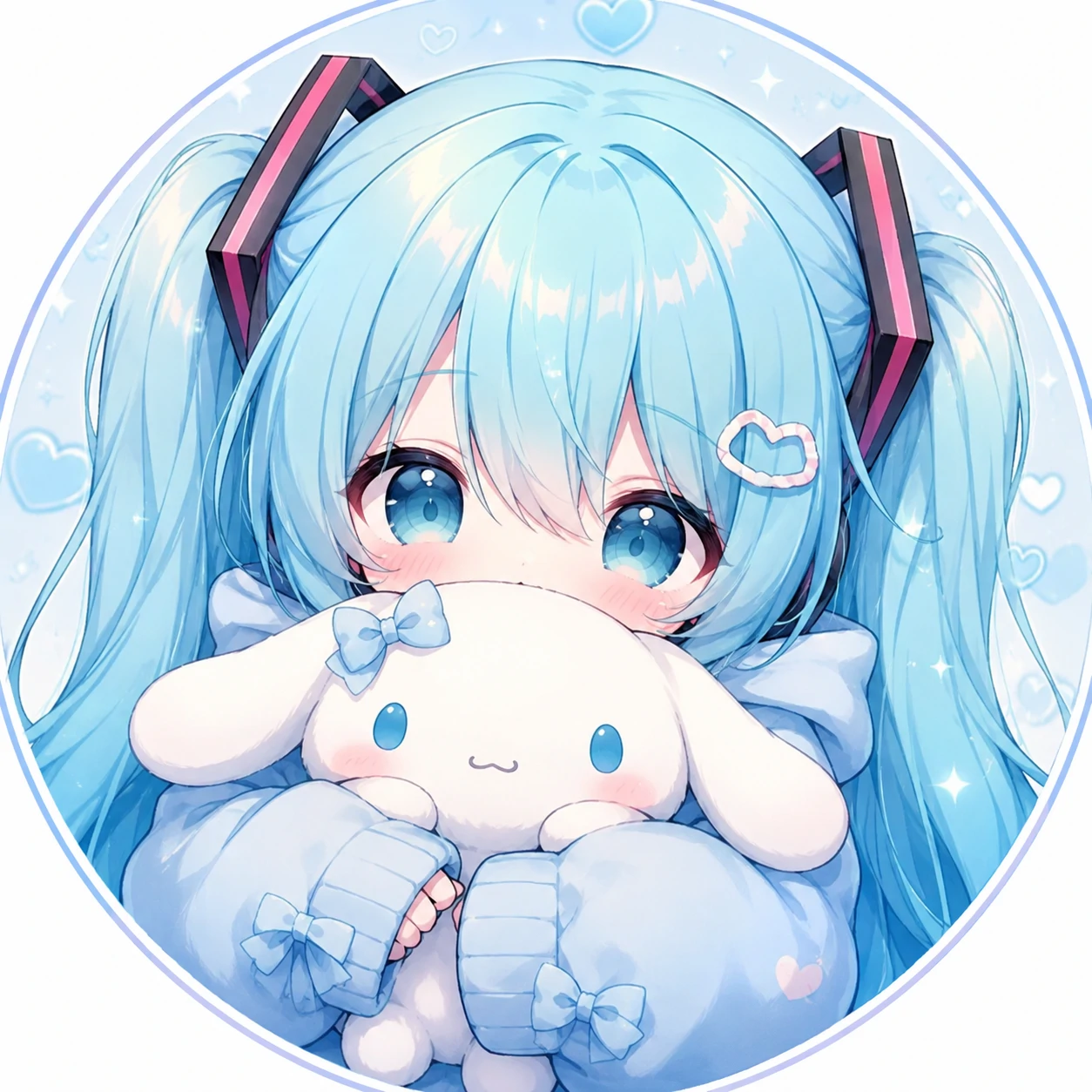 Chibi Miku avatar hugging plushie with soft blue tones and kawaii anime style
