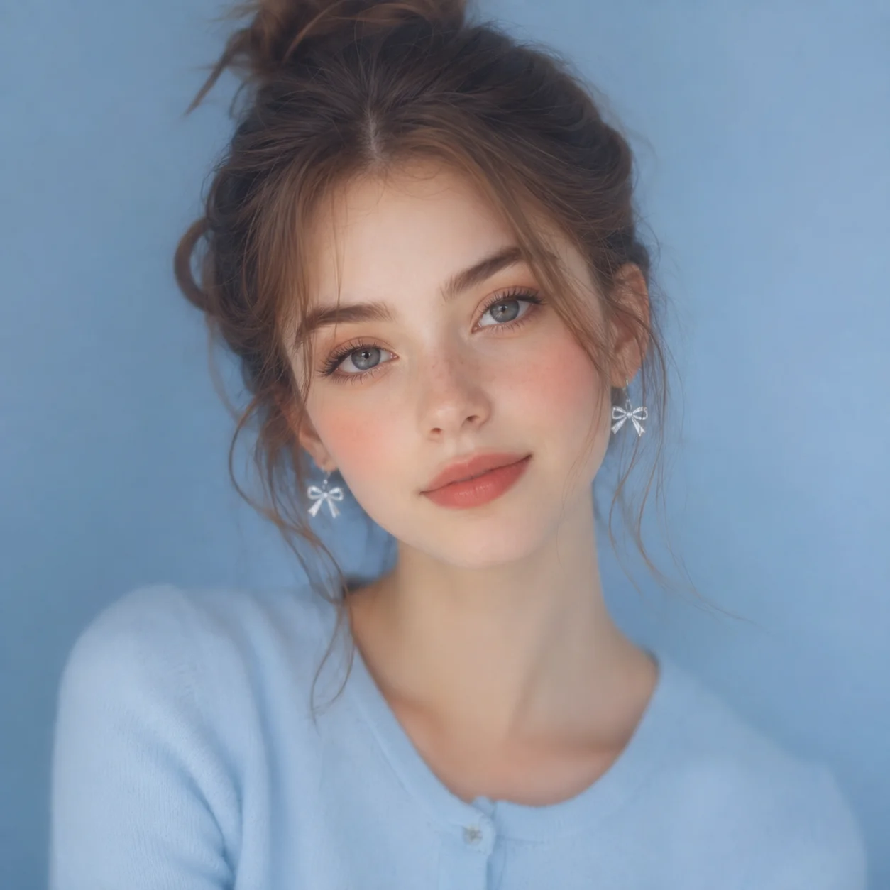 Powder blue preppy pfp with ribbon earrings and soft focus for elegant online profile use