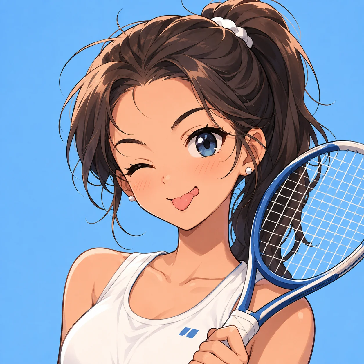 Preppy anime profile picture with tennis racket and cheeky expression for sporty cute avatars