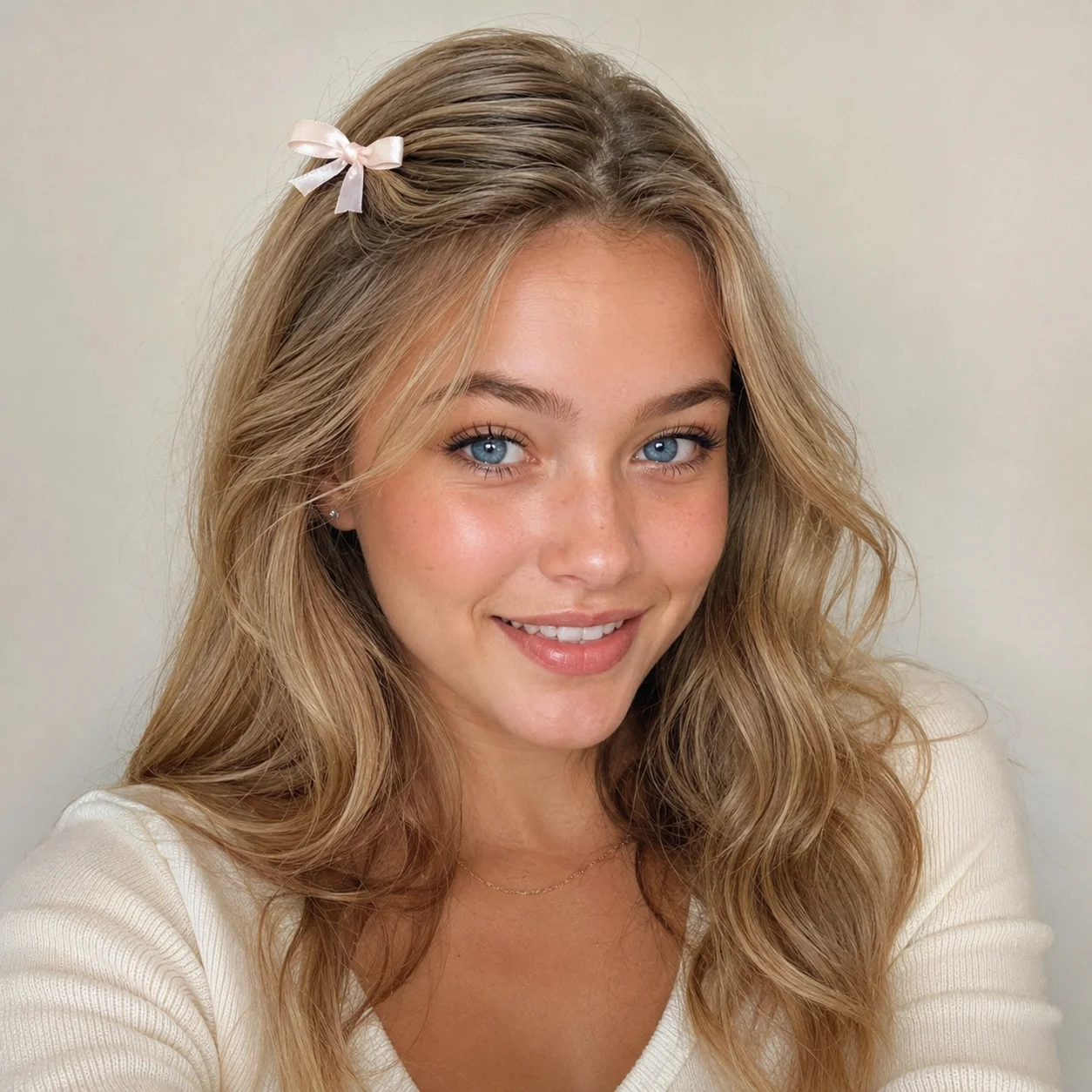 Preppy girl profile picture with bow hairclip and bright eyes for cute Discord and Instagram use