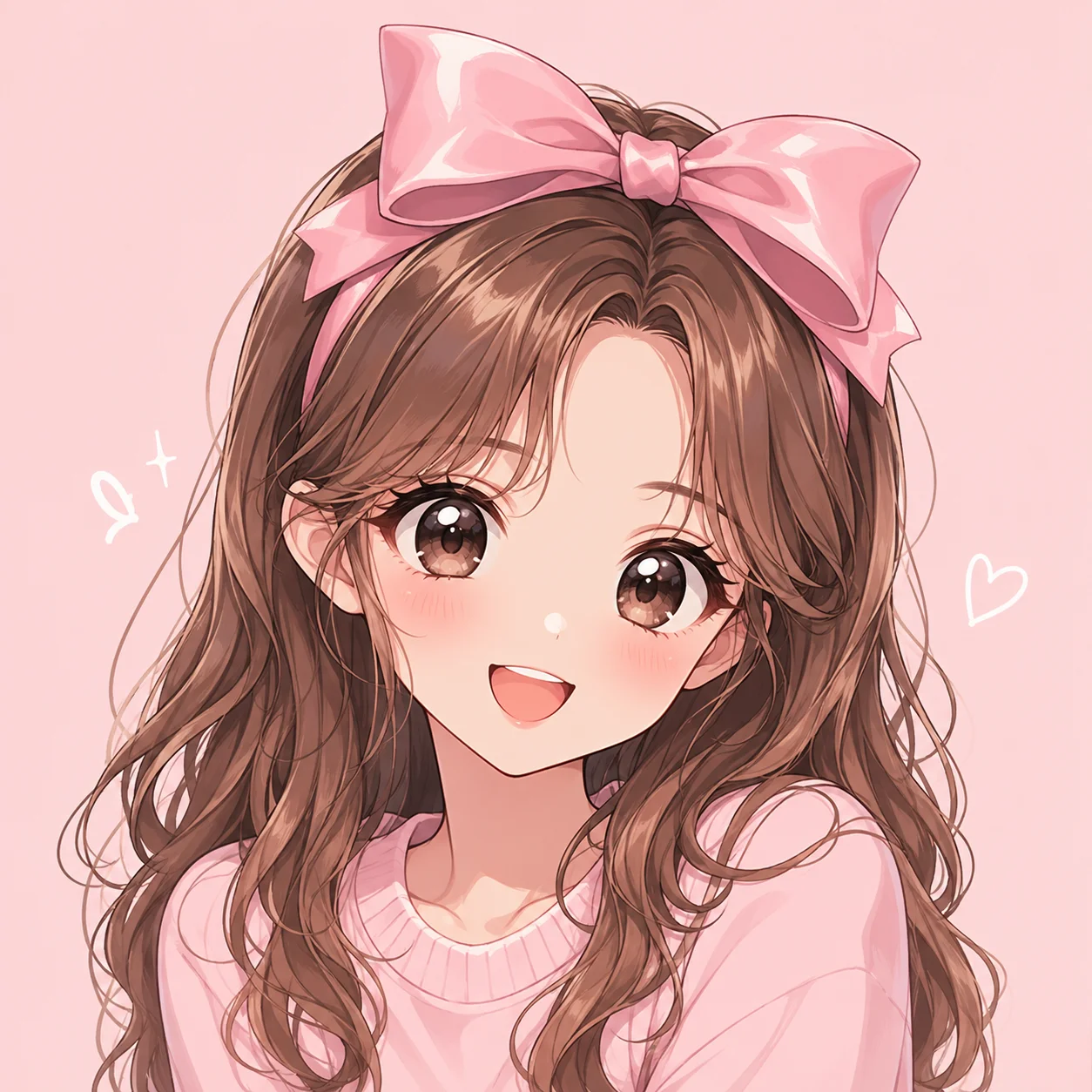 Anime preppy pfp with pink bow and bright eyes for cute Discord and TikTok profiles