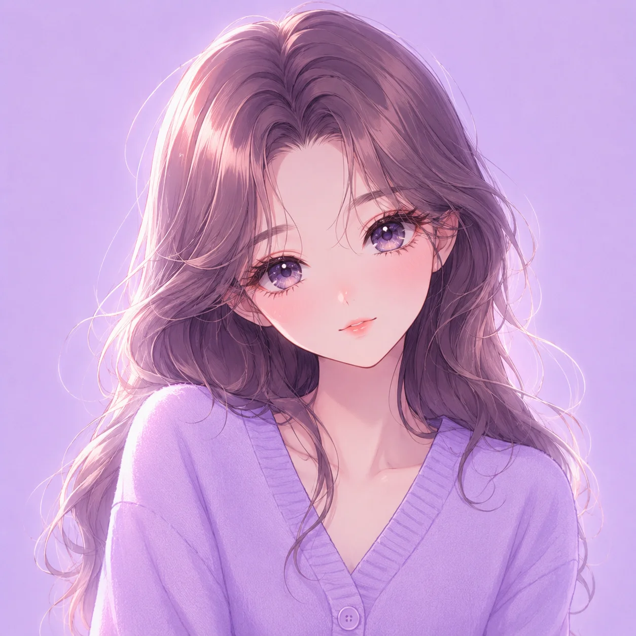 Aesthetic anime preppy pfp with lavender cardigan and soft glow for cute profile pictures