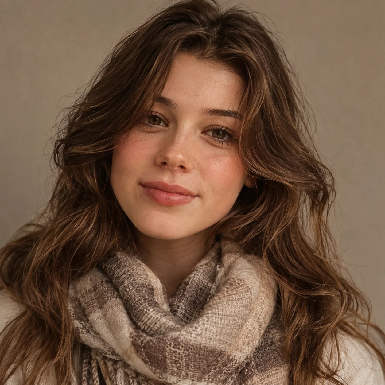 Autumn preppy pfp with neutral scarf and soft expression for cozy aesthetic social profiles