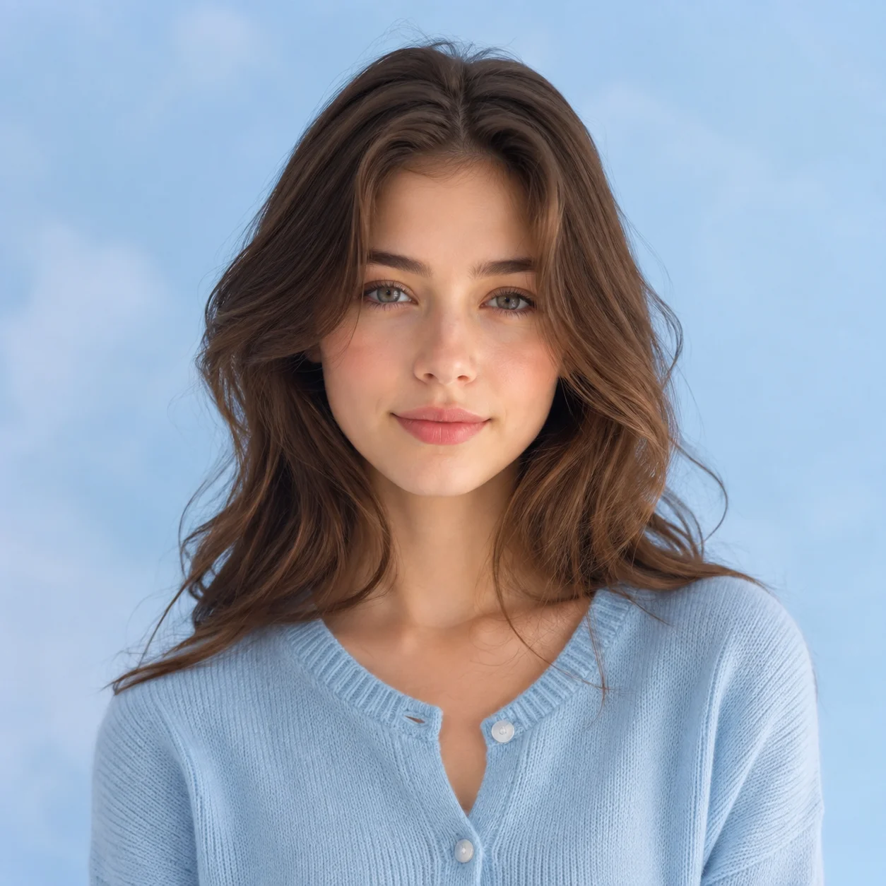 Blue preppy pfp with soft sky background and cardigan for calm Instagram and Discord profiles