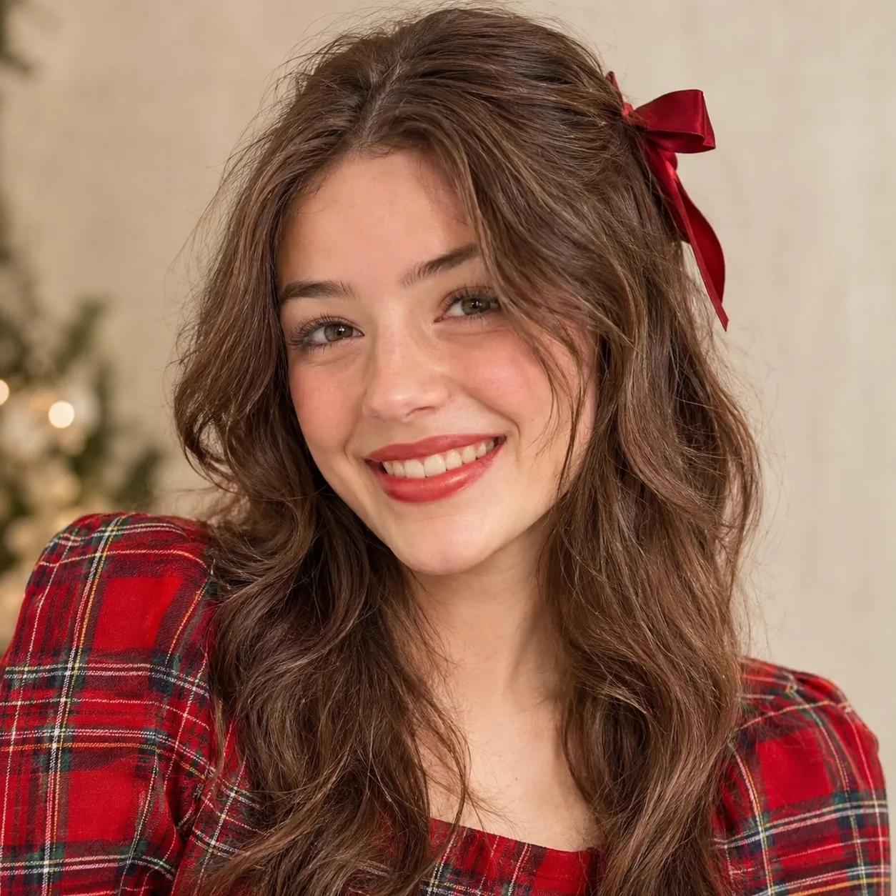 Christmas preppy pfp with red plaid and bow accent for festive TikTok and Instagram avatars
