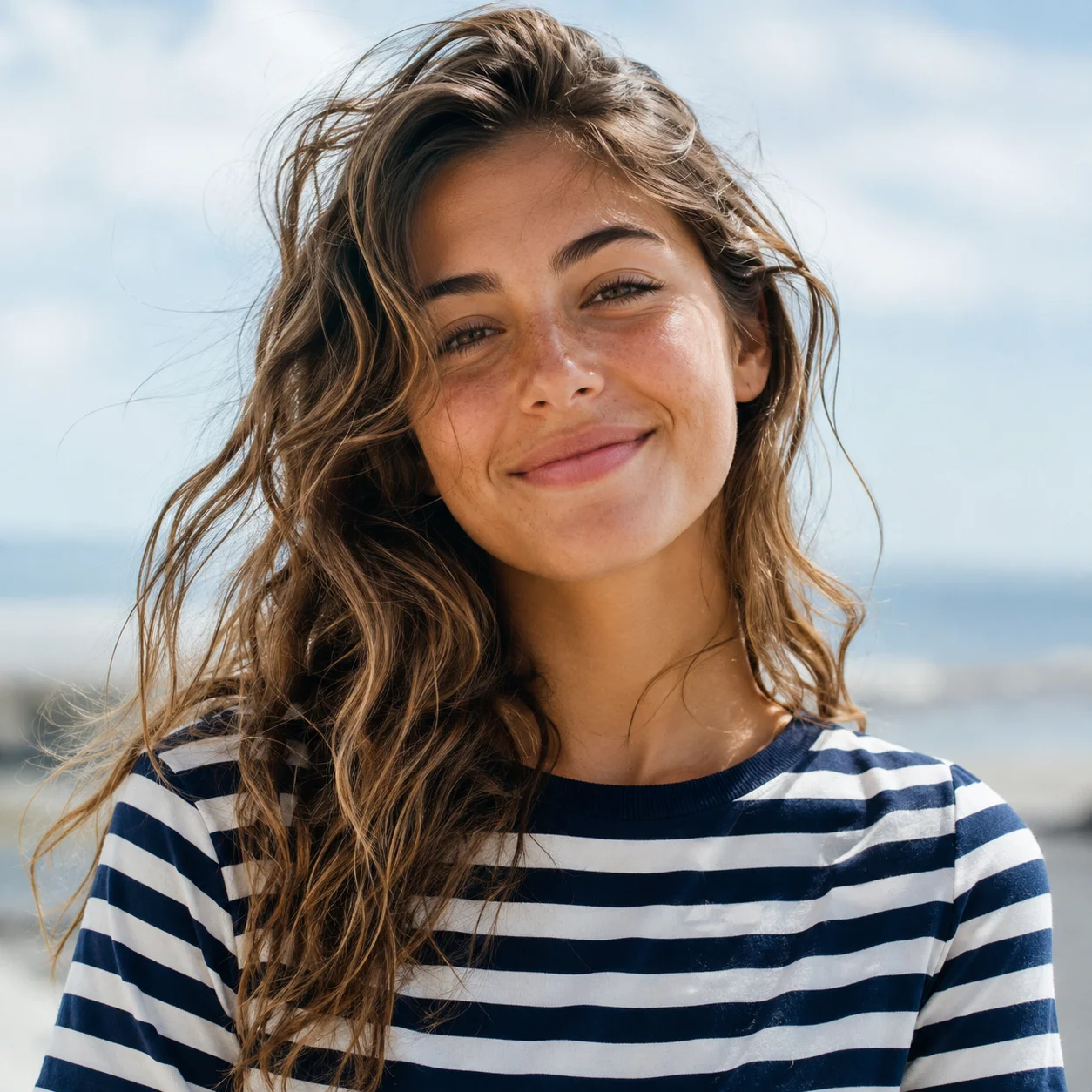 Coastal preppy pfp with striped shirt and breezy smile for relaxed summer social profiles