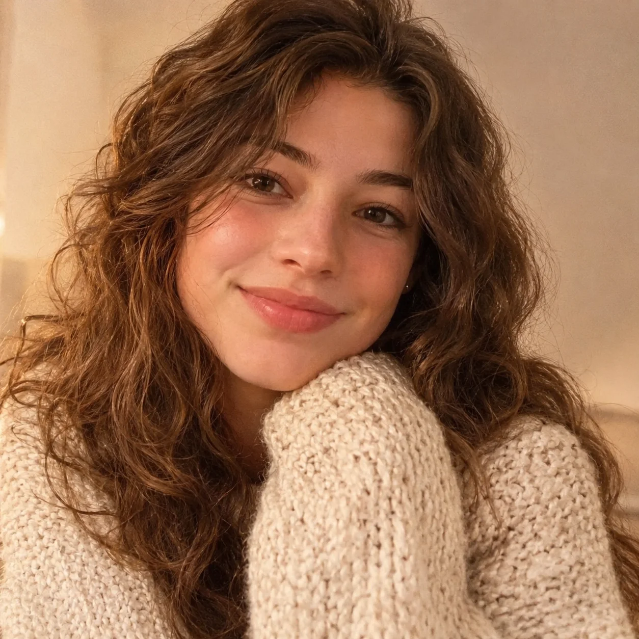 Cozy preppy pfp with knit sweater and warm lighting for inviting winter Discord profiles
