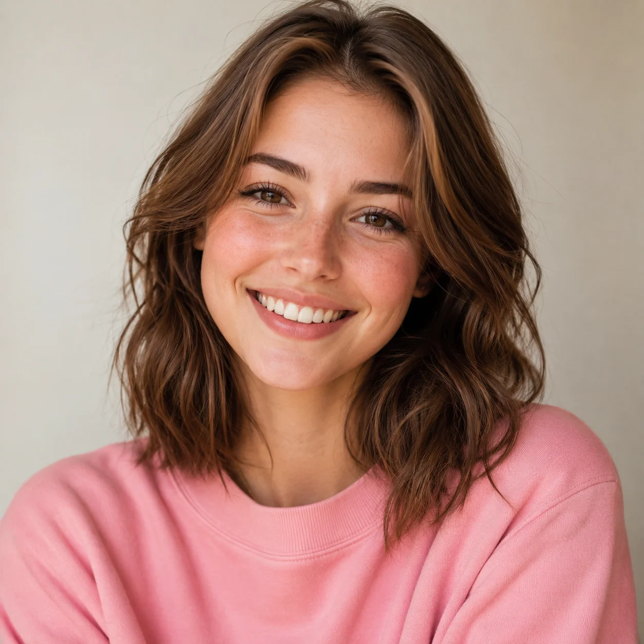 Cute preppy pfp of a smiling girl in a pink sweatshirt with bright cheerful styling for Discord and TikTok