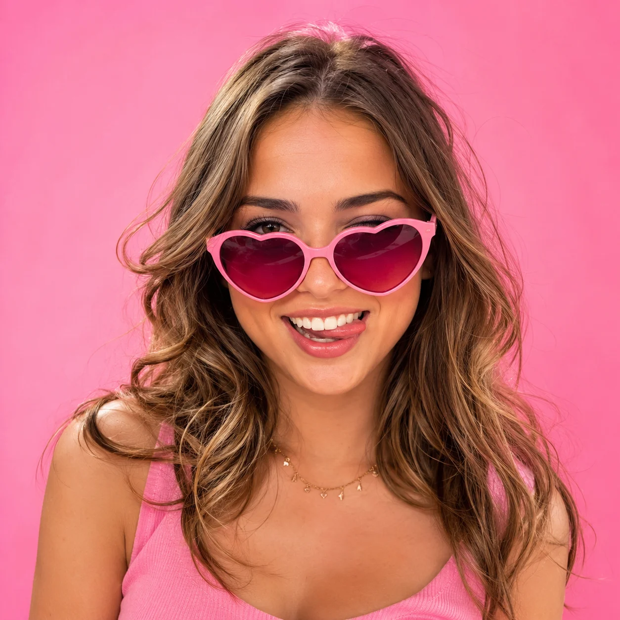 Preppy pfp with pink heart sunglasses and bubblegum energy for playful Instagram avatars