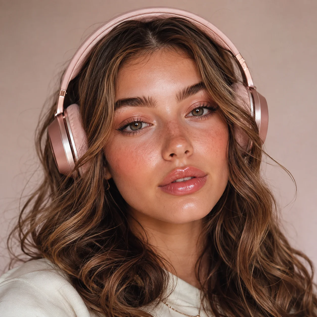 Aesthetic pink preppy pfp with rose headphones and glossy makeup for social media profiles