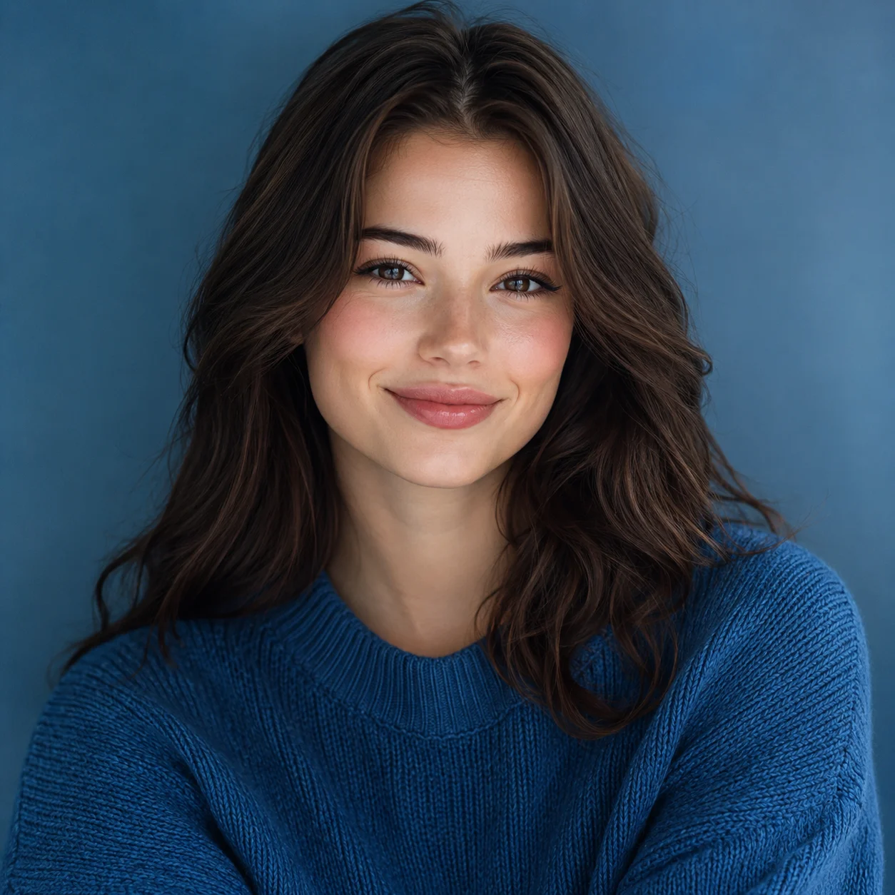 Preppy profile picture with ocean blue sweater and confident smile for calm stylish avatars
