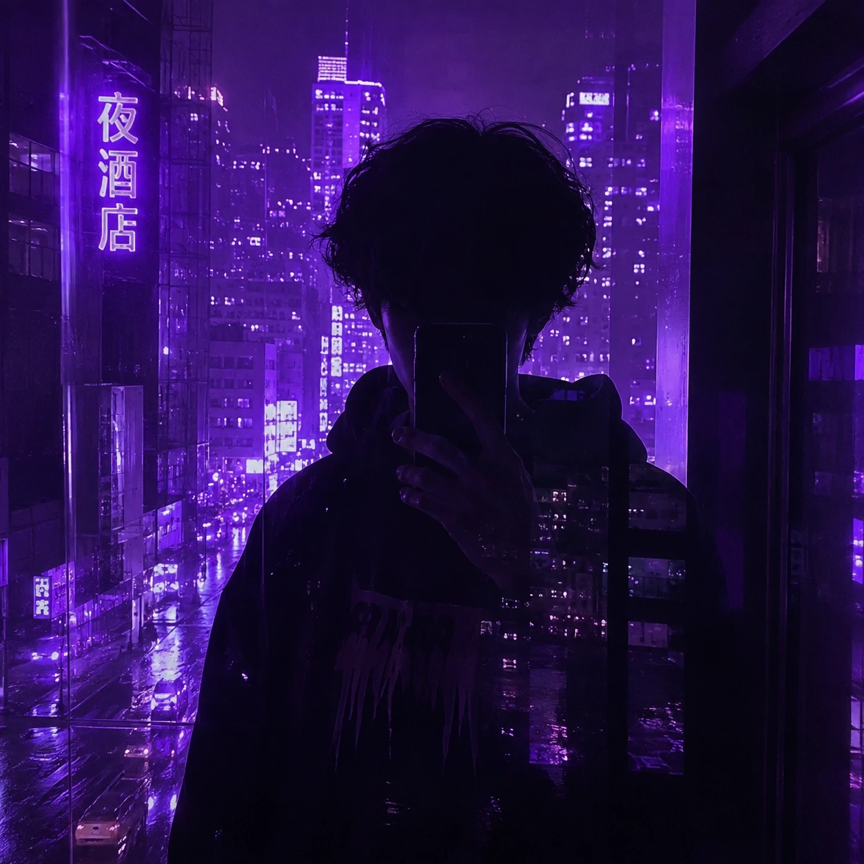 Purple city reflection portrait for an unknown pfp with neon mood.