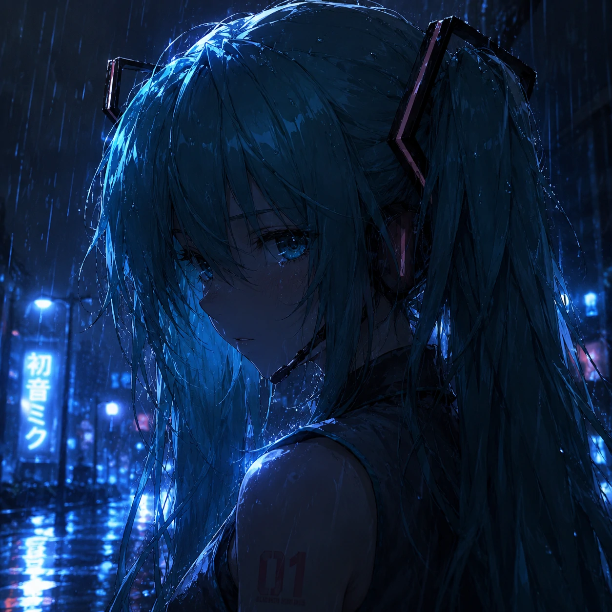 Dark Miku profile picture in rainy night scene with reflective blue anime lighting