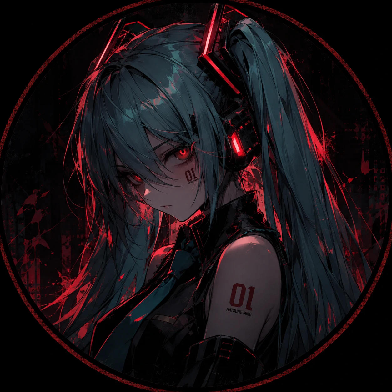 Dark Hatsune Miku avatar with red accents, black outfit, and moody lighting