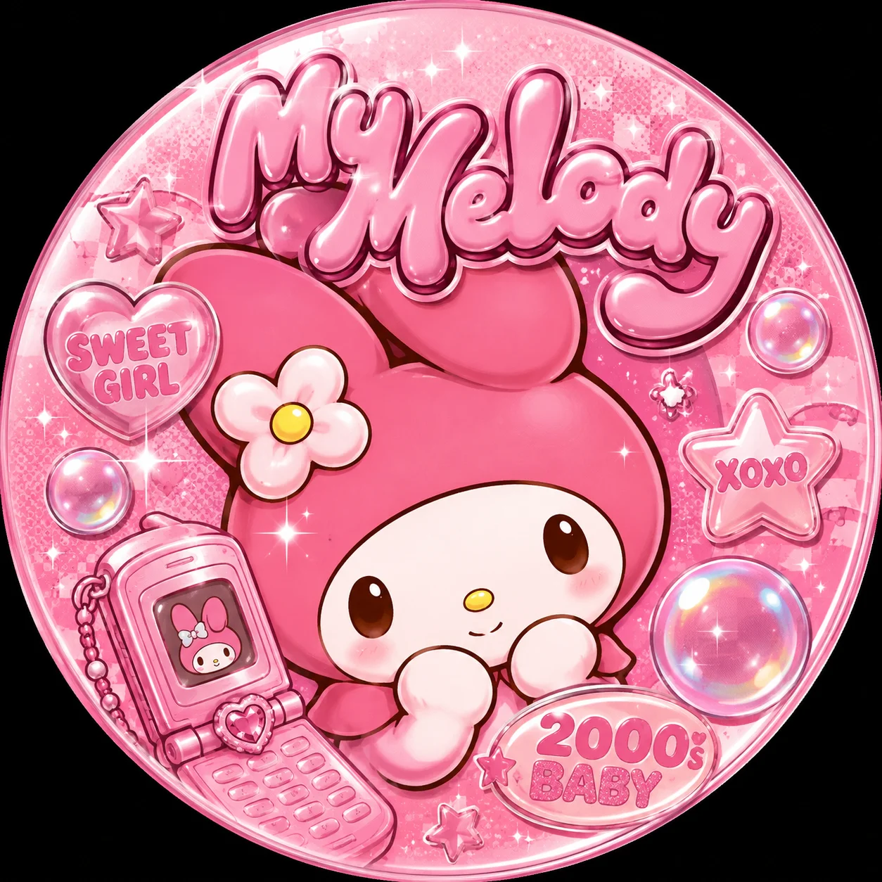 Retro My Melody PFP in Y2K style with bubble details and sparkles