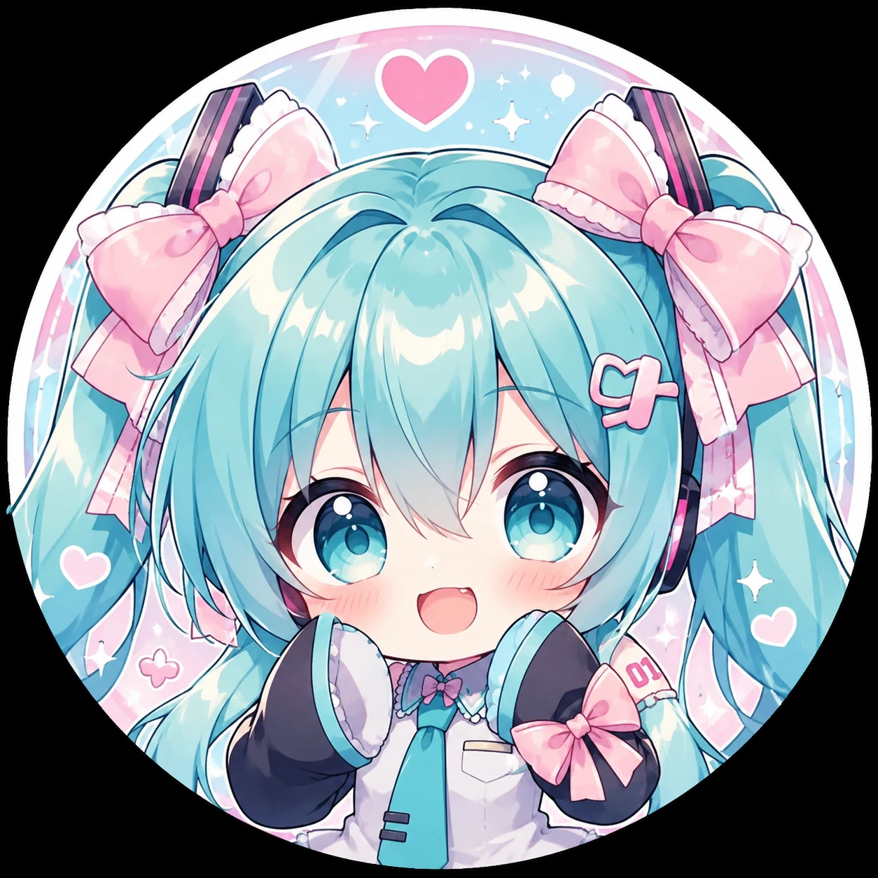 Chibi Miku pfp with ribbon accessory, big eyes, and polished kawaii anime crop
