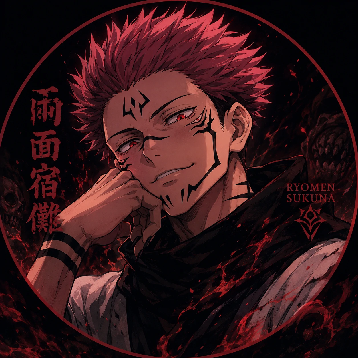 Classic Ryomen Sukuna portrait with full tattoo details and confident smirk.