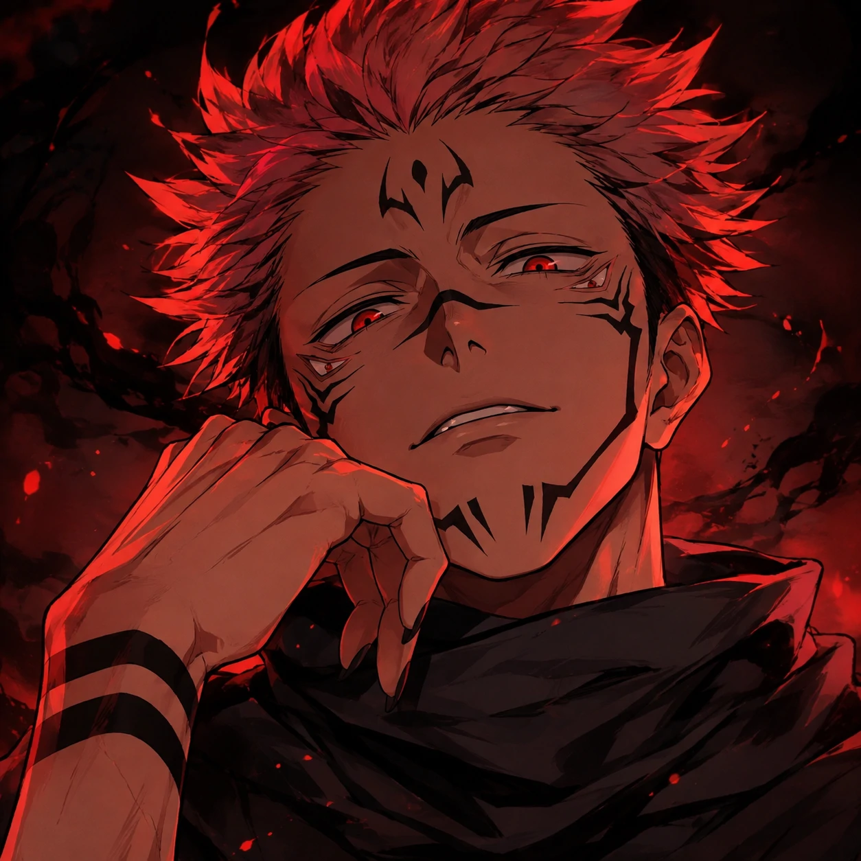 Coloured Ryomen Sukuna profile picture lit by warm red highlights.