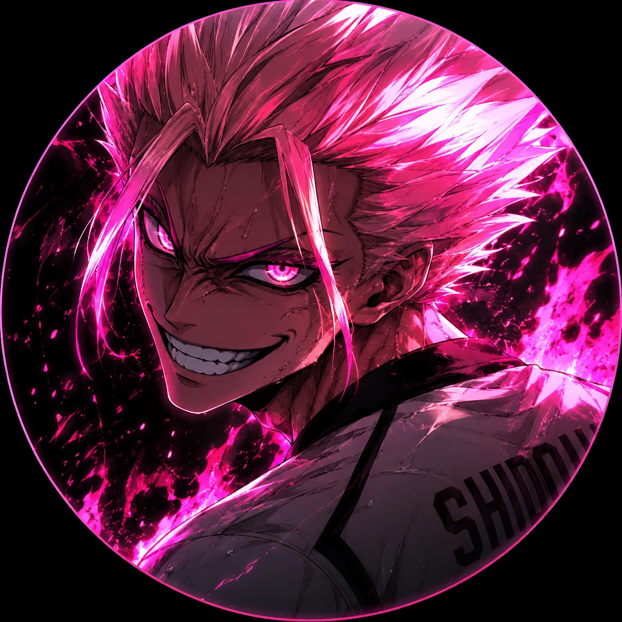 Ryusei Shidou with pink hair highlights in a glowing anime PFP