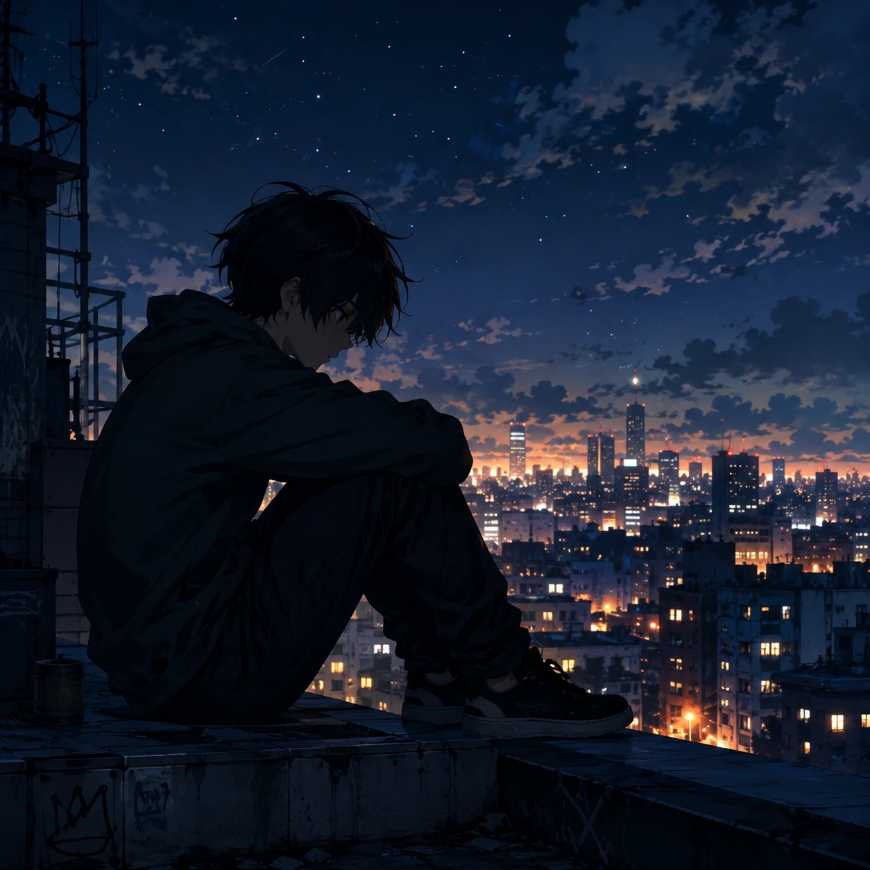 Sad anime boy icon sitting alone on a rooftop at night