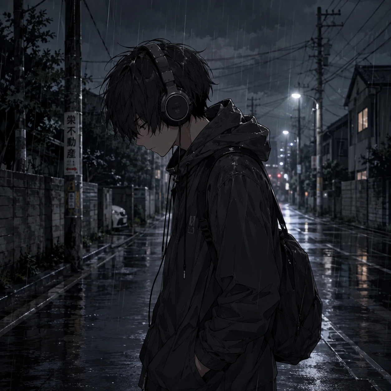 Sad anime boy PFP with headphones walking down an empty rainy street