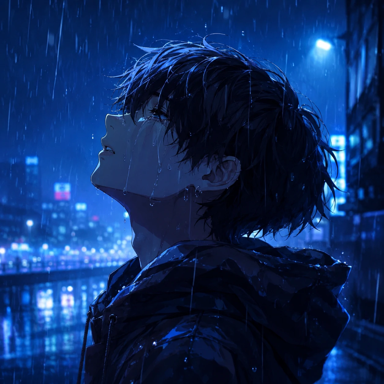 Sad anime boy PFP crying softly in blue-tinted rain