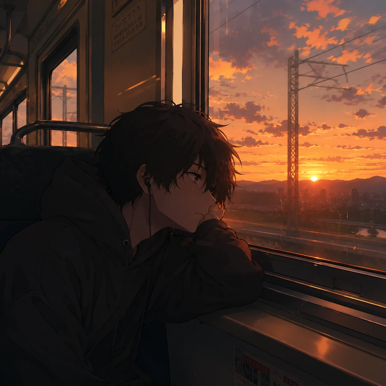 Sad anime boy PFP staring out a train window at a fading sunset