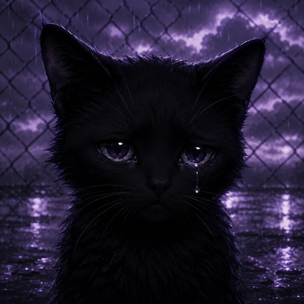 Tearful black sad cat pfp touching rain drops for emotional alt-aesthetic profile picture