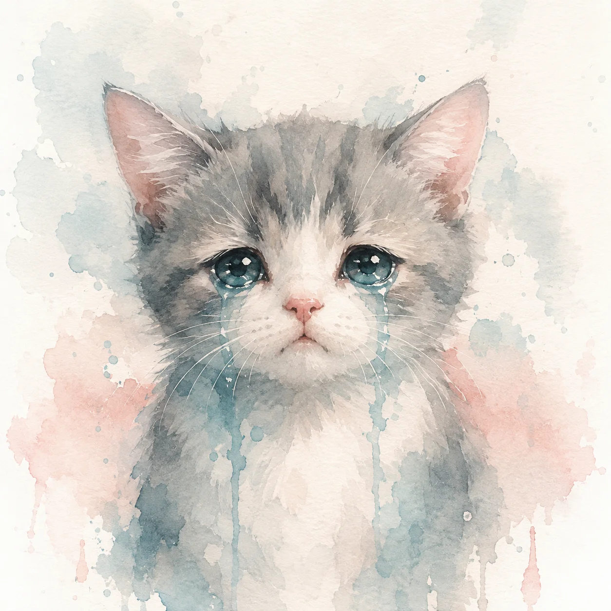 Watercolor painting sad cat pfp with subtle tears for gentle emotional profile picture