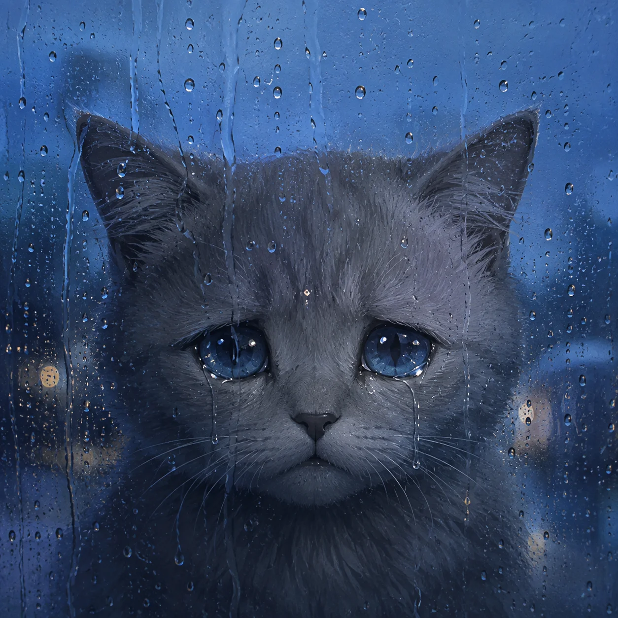 Emotional sad cat pfp with blue eyes looking through rain-streaked glass window for melancholy profile
