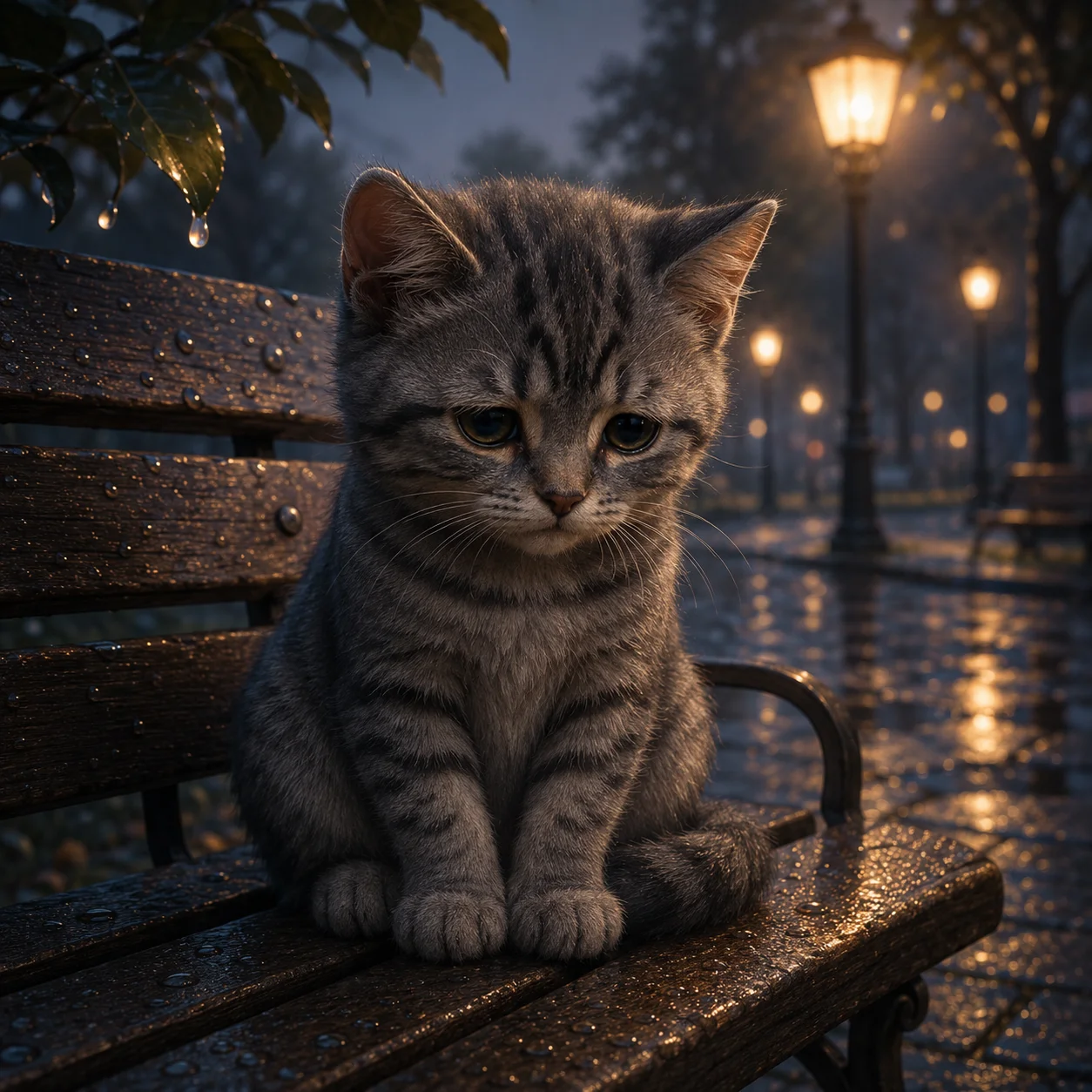 Gray tabby sad cat pfp alone on park bench for lonely late-evening profile picture