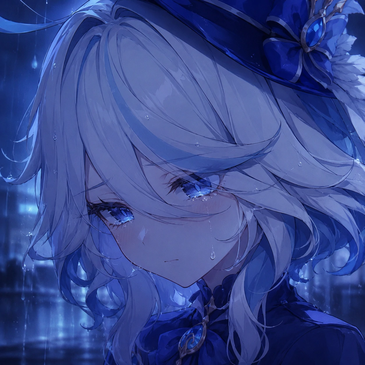 sad-furina-pfp-rainy-eyes Sad Furina pfp with watery eyes and muted blue rainy lighting