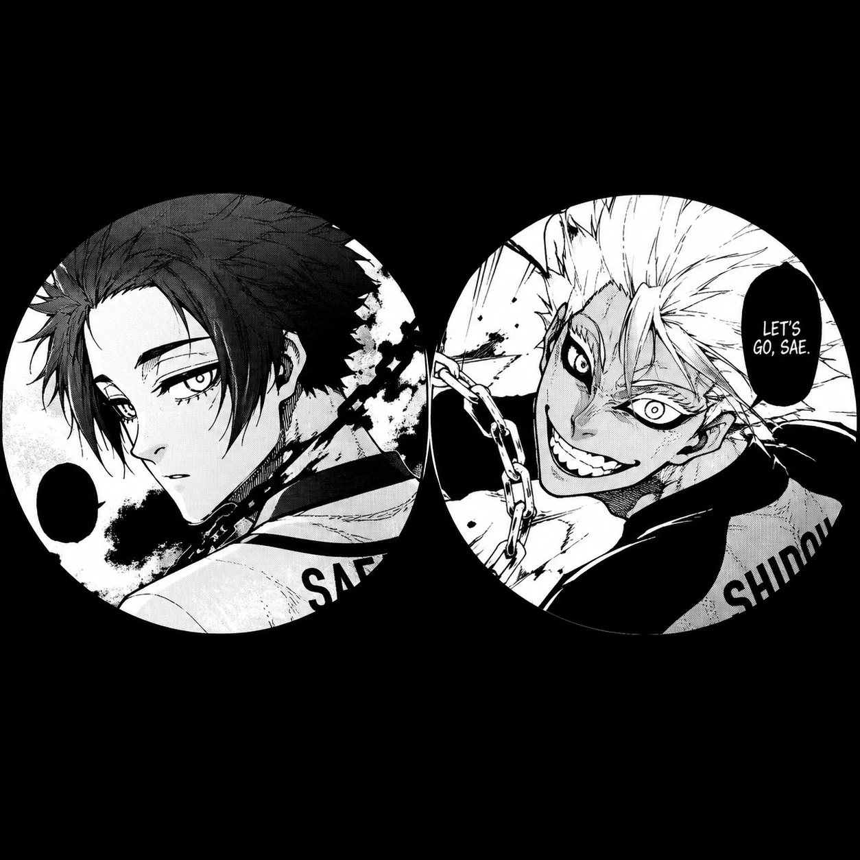 Manga-style Sae and Shidou matching profile pictures with dramatic panel crops