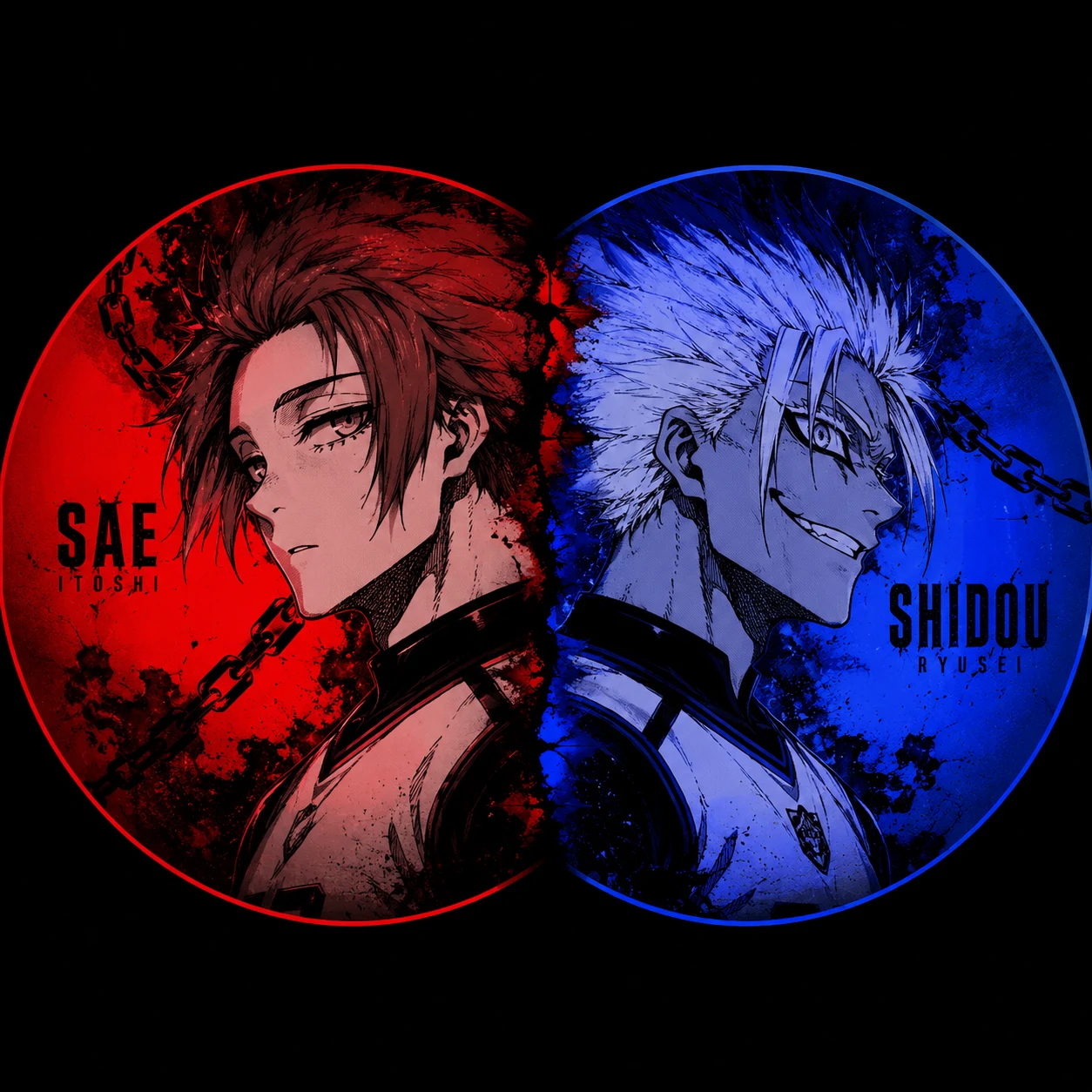 Sae and Shidou matching PFP set with split red and blue colors