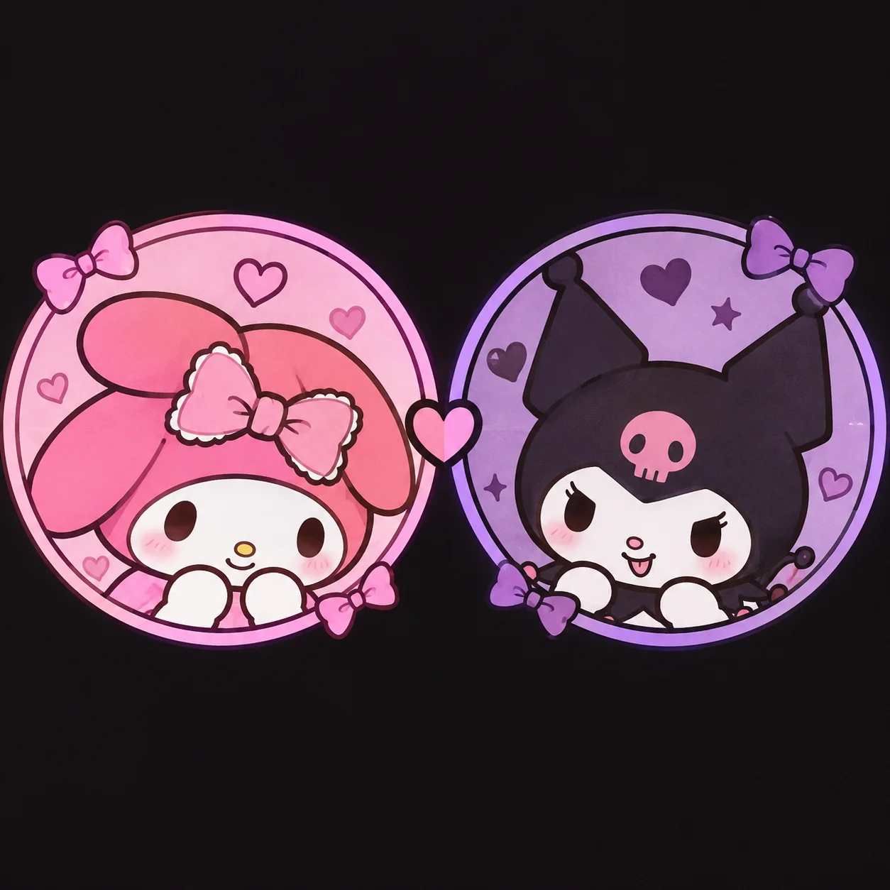 Sanrio matching PFP with My Melody softness and Kuromi dark cute style