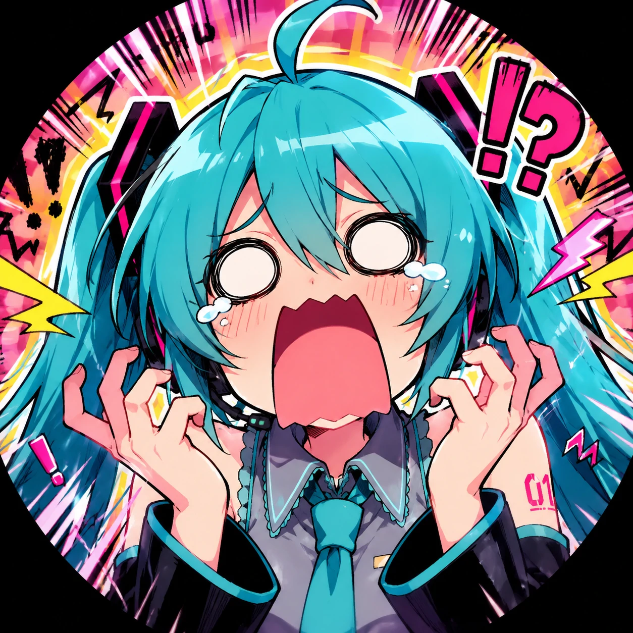 Funny Miku reaction pfp with screaming face and bright chaotic anime colors
