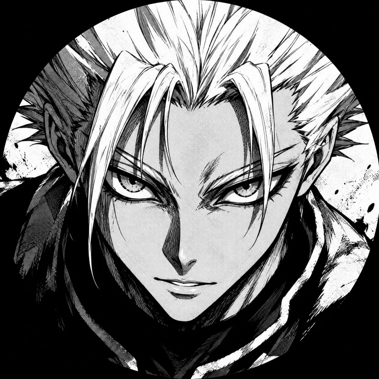 Black and white manga Shidou with sharp eyes in a profile picture
