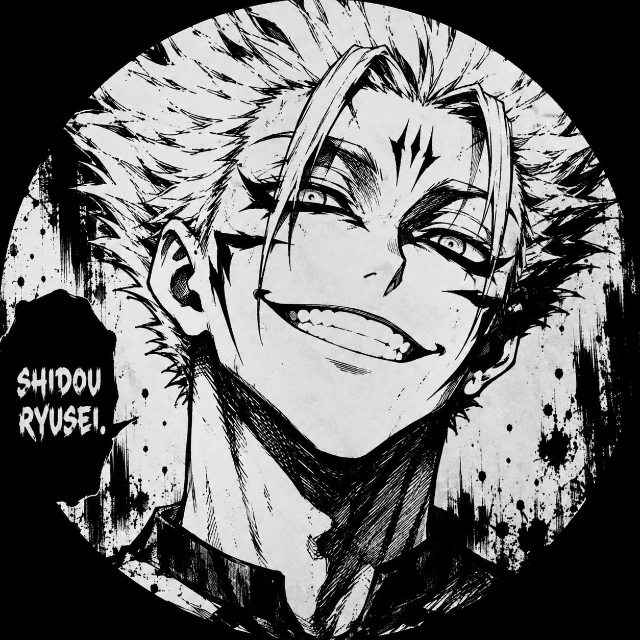 Black-ink manga drawing of Shidou smiling in a profile picture crop