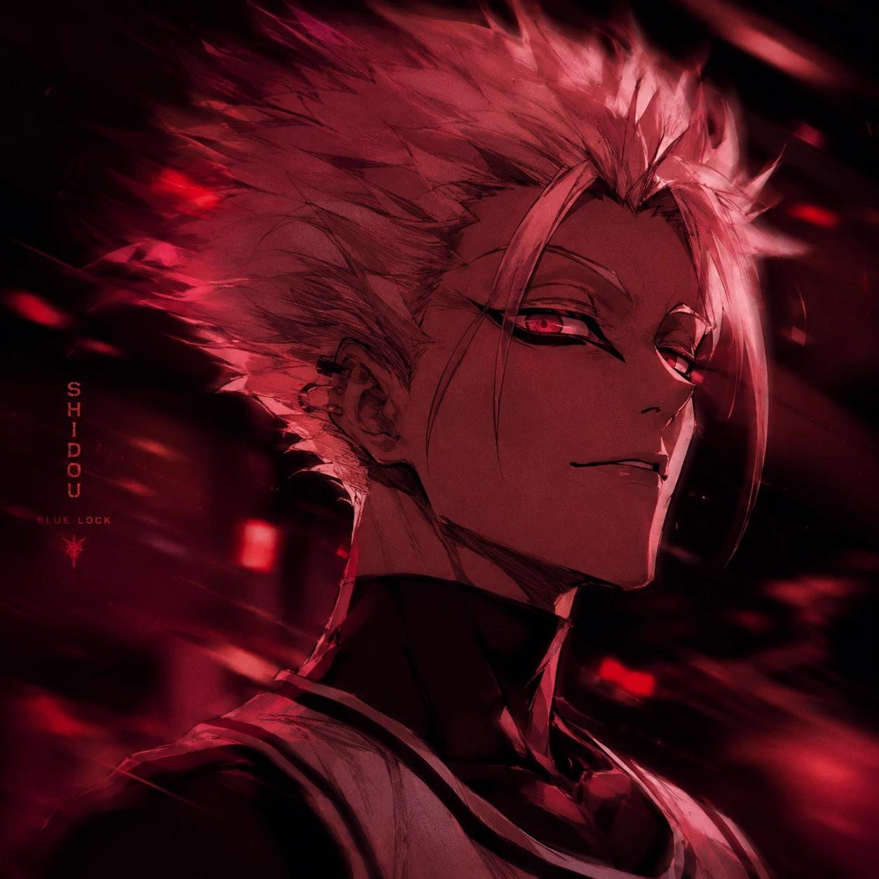 Crimson-blur Shidou profile picture with a moody aesthetic anime finish