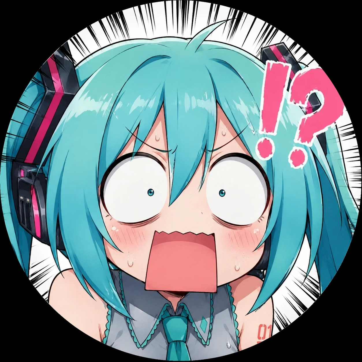 Funny Miku pfp with shocked anime face and exaggerated wide-eyed reaction
