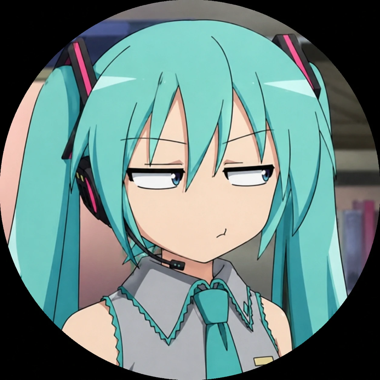 Funny Miku avatar with side-eye look, cropped close, and sarcastic anime mood