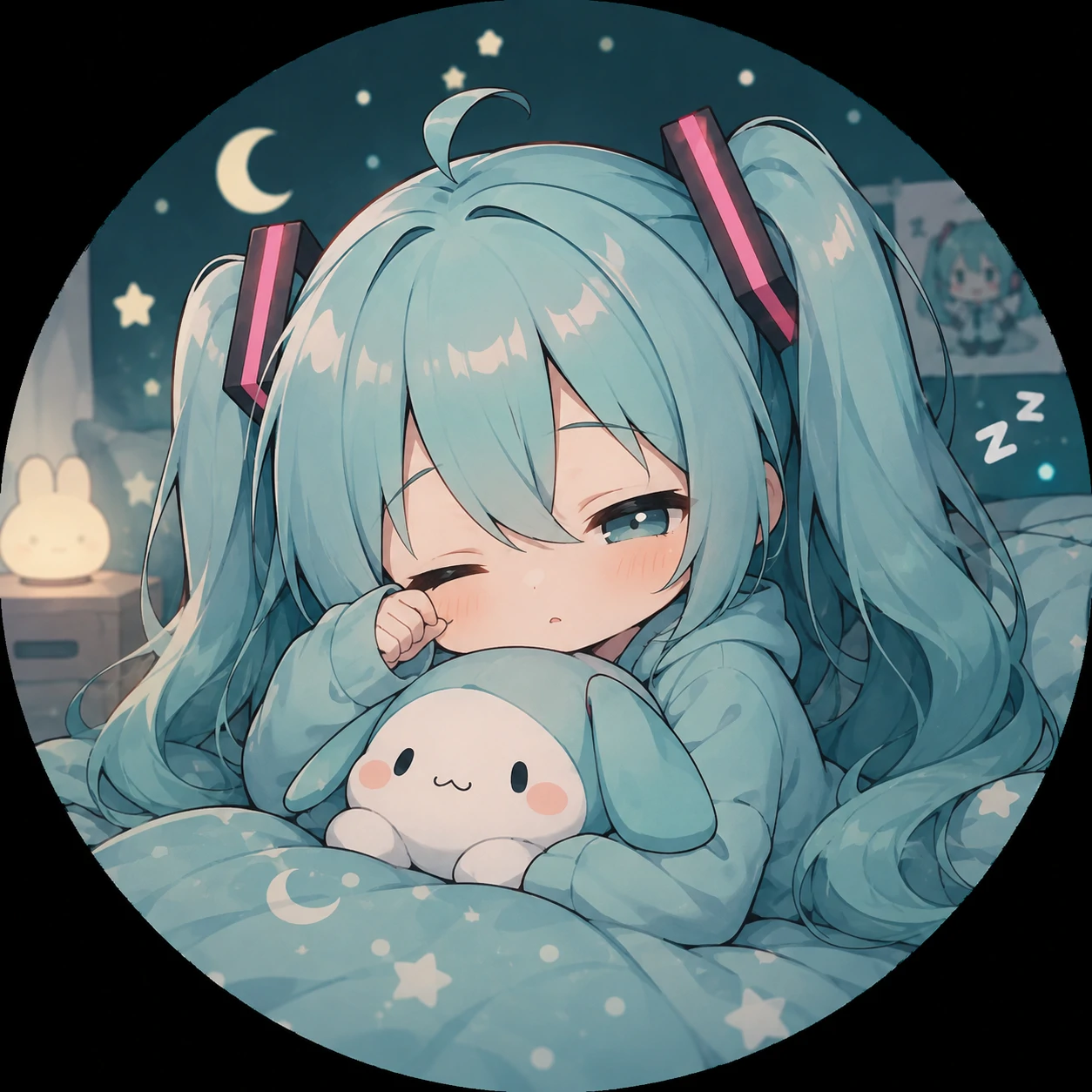 Sleepy chibi Miku avatar with cozy anime pose and soft teal bedtime tones