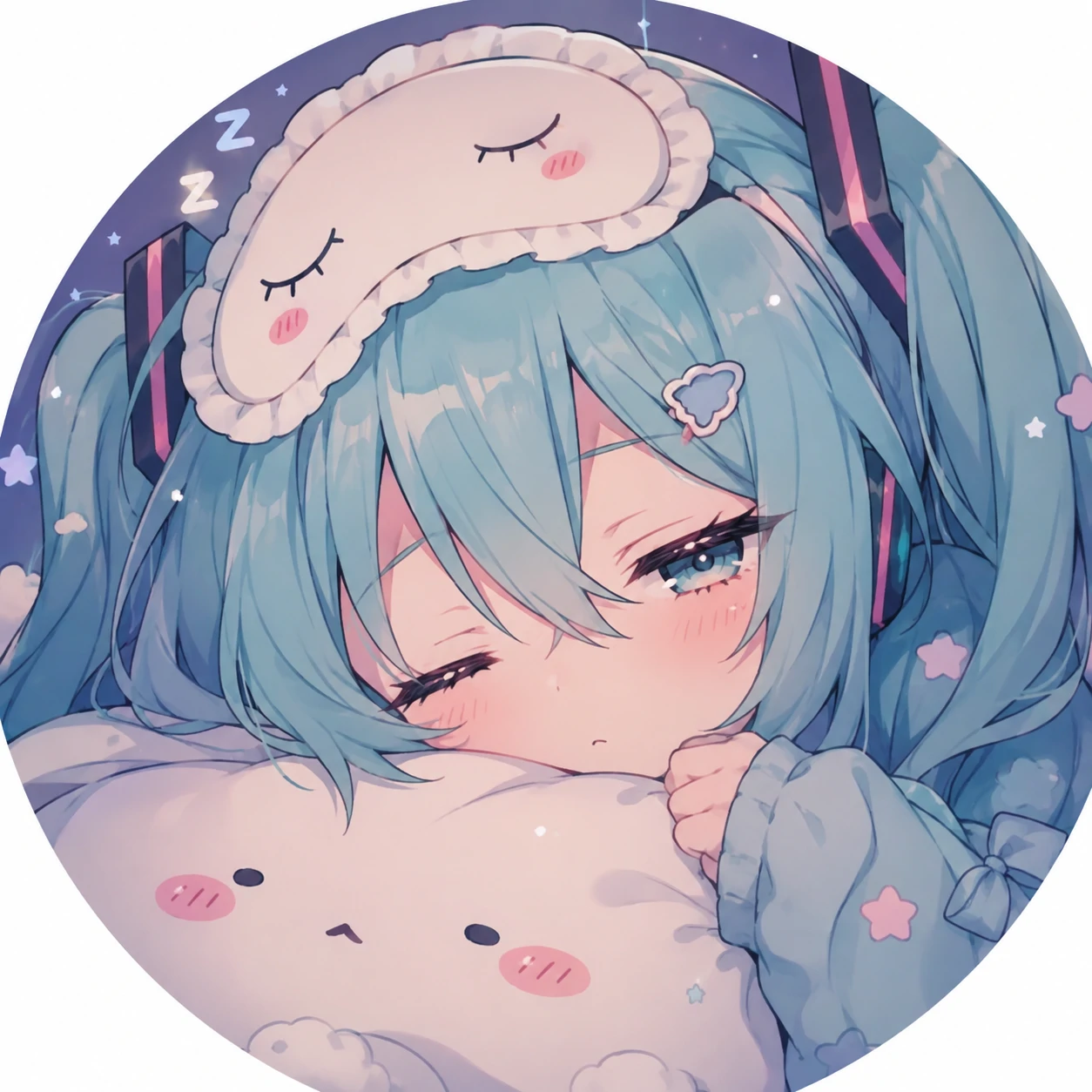 Cute sleepy Miku pfp with soft lashes, blush, and relaxed anime expression