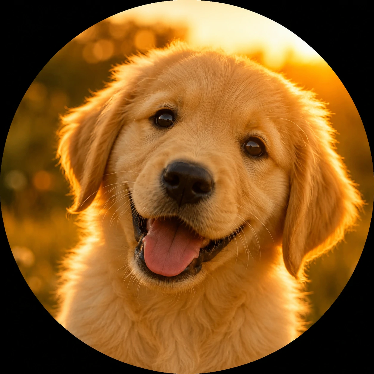 Smiling puppy with tongue out in warm golden hour light