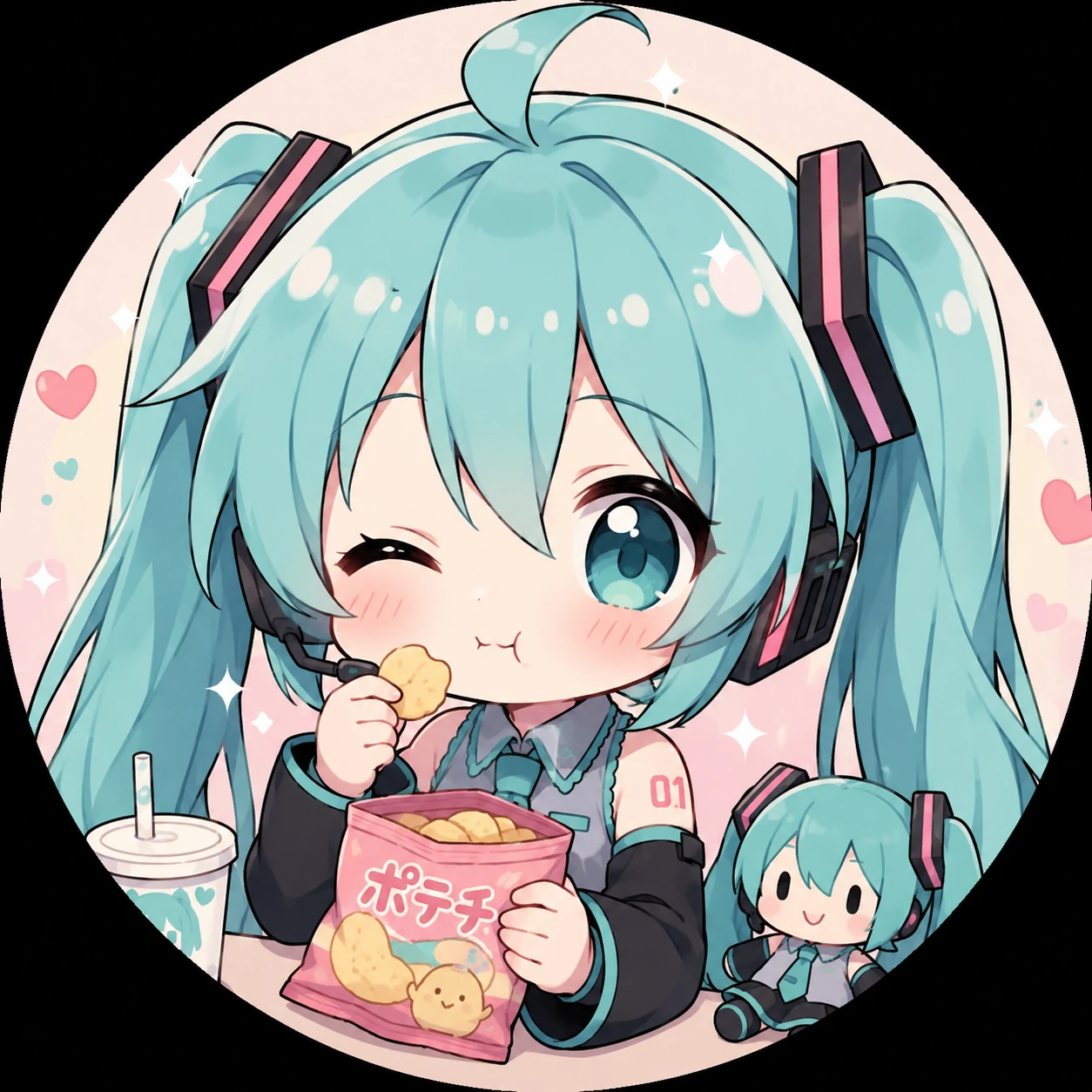 Chibi Miku icon holding snack with cute anime expression and pastel highlights