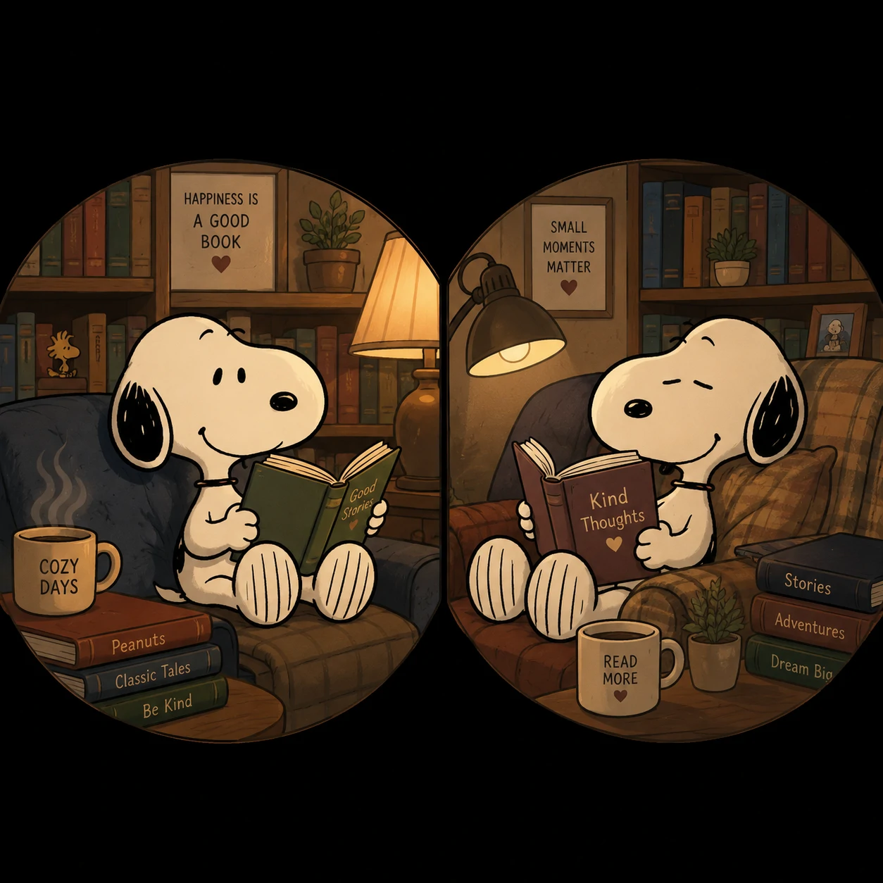 Matching Snoopy profile pictures with books and cozy room details
