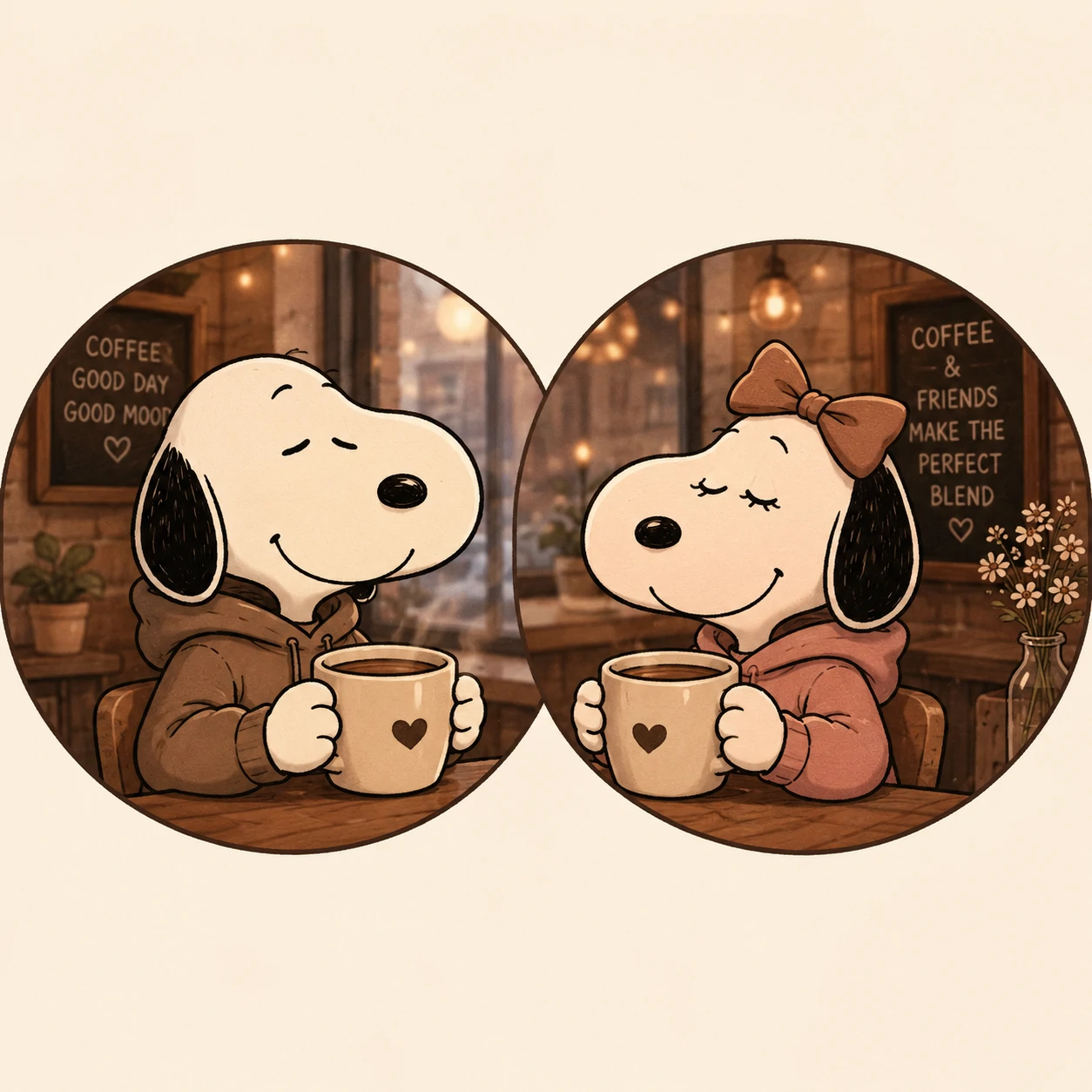 Matching Snoopy icons holding coffee mugs in a cozy set