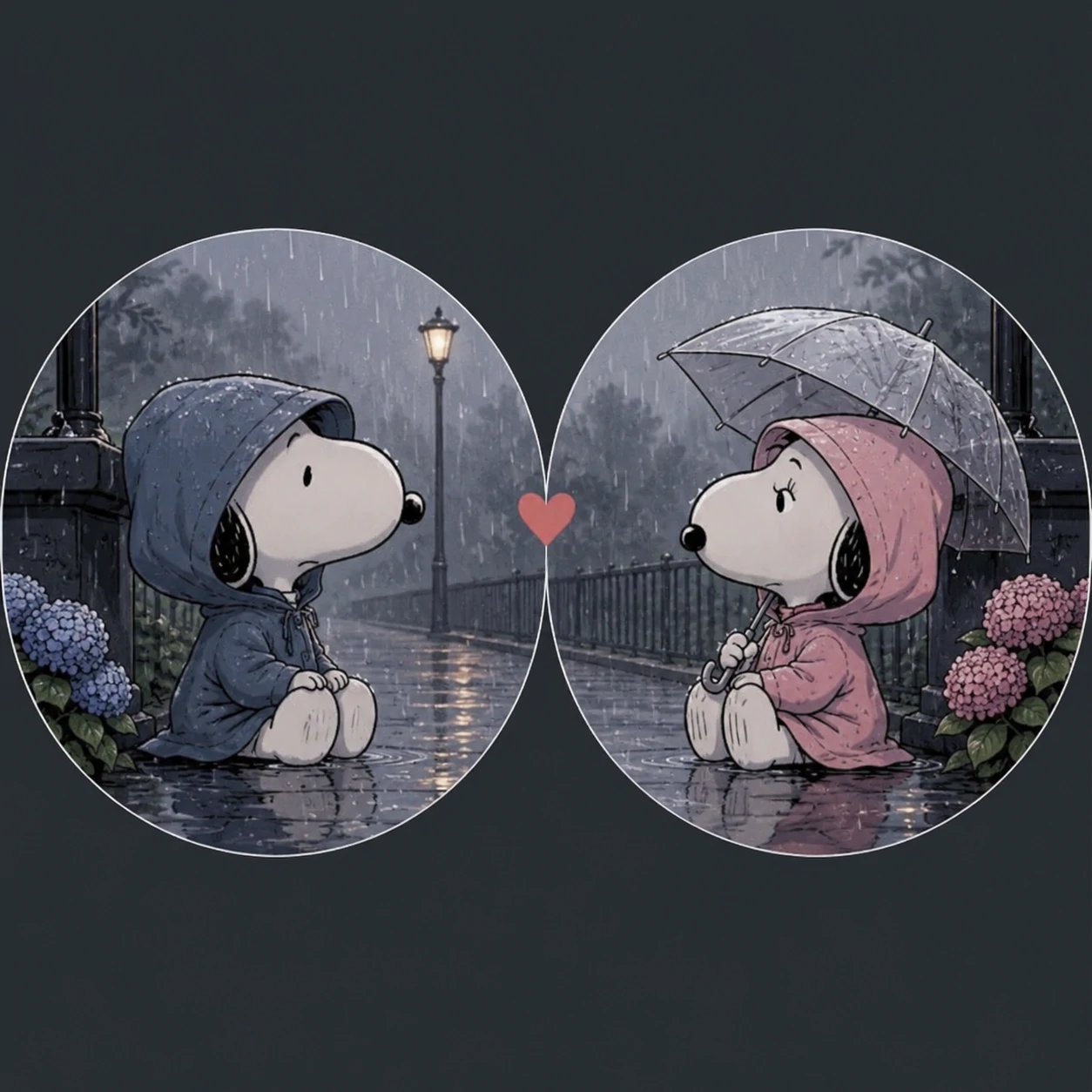 Matching Snoopy icons with rainy day background and soft expressions