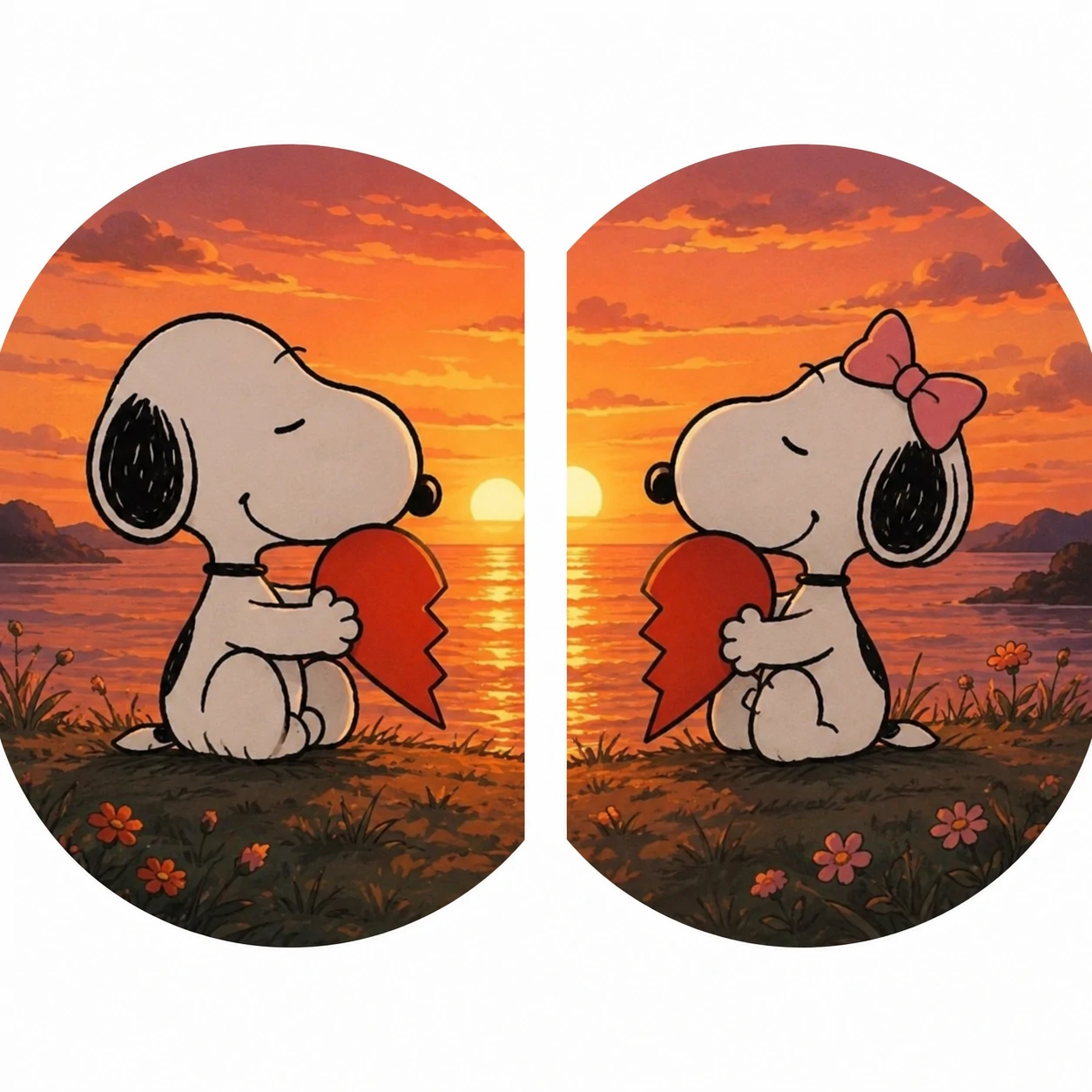 Two matching Snoopy profile pictures with a warm sunset background