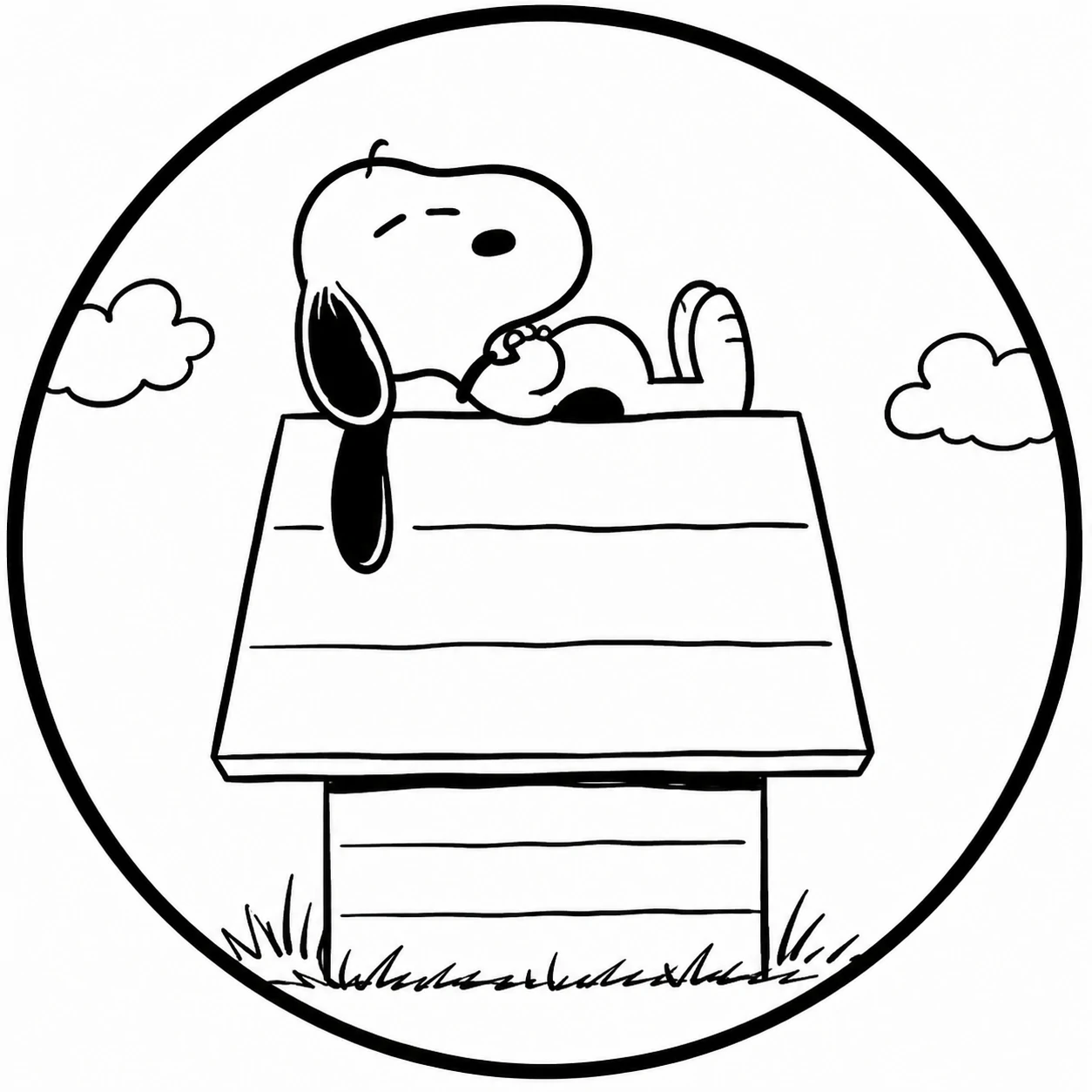 Snoopy on top of his doghouse in a black and white icon
